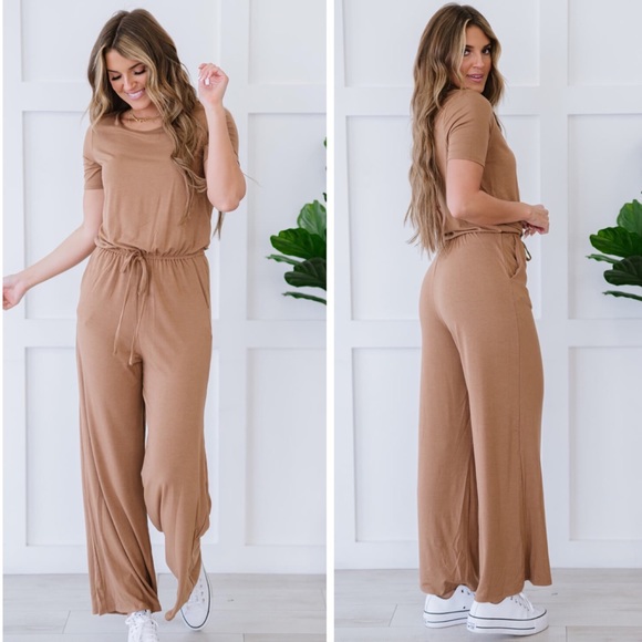 Solid Brown Short Sleeve Jumpsuit Full Size Run - Picture 2 of 4